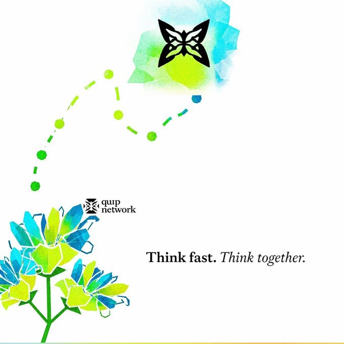 Quip Network promotional graphic with a butterfly logo and flower imagery, featuring the tagline 'Think fast. Think together.'
