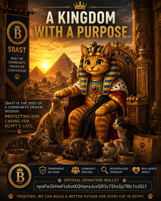 A promotional poster titled 'A KINGDOM WITH A PURPOSE' for $BAST token, featuring a pharaoh-styled cat on a throne surrounded by other cats, with text about protecting Egypt's cats and an official donation wallet address.