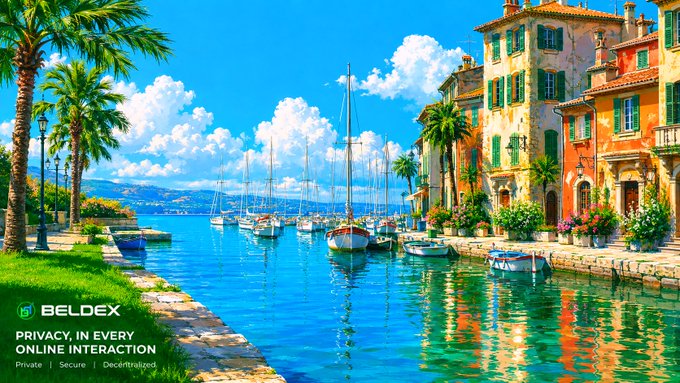 The image depicts a picturesque Mediterranean harbor with sailboats, vibrant waterfront buildings, and palm trees under a bright blue sky, with the text "BELDEX - PRIVACY, IN EVERY ONLINE INTERACTION - Private | Secure | Decentralized" displayed in the bottom left corner, complementing the post's message about BeldexCoin's privacy-focused tools like BChat and BelNet.