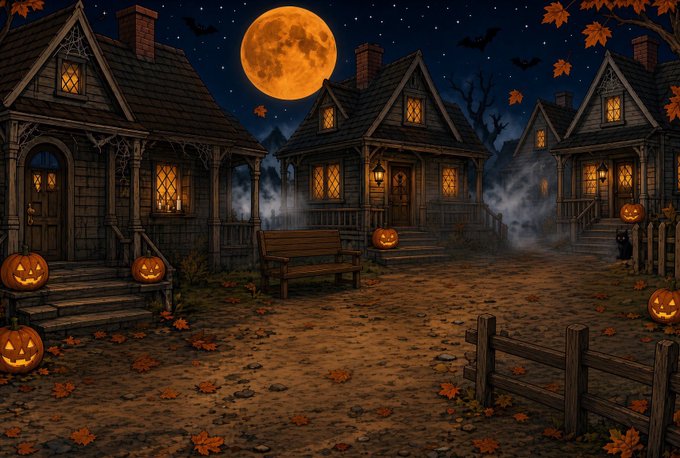 An illustrated Halloween scene depicts three spooky wooden houses with glowing jack-o'-lanterns on their porches under a large full moon and starry night sky.