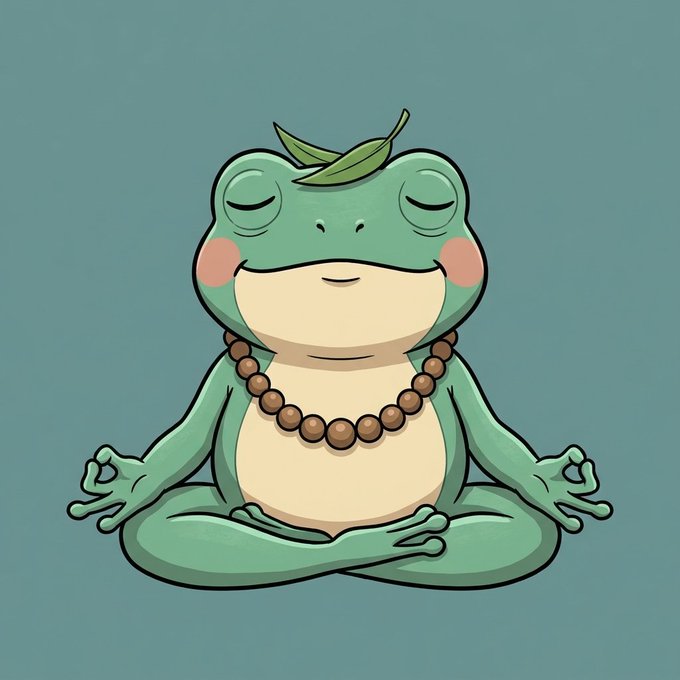 A cute cartoon illustration features a chubby green frog sitting in a meditative lotus pose with closed eyes, wearing a brown beaded prayer necklace and sporting a small green leaf on its head.