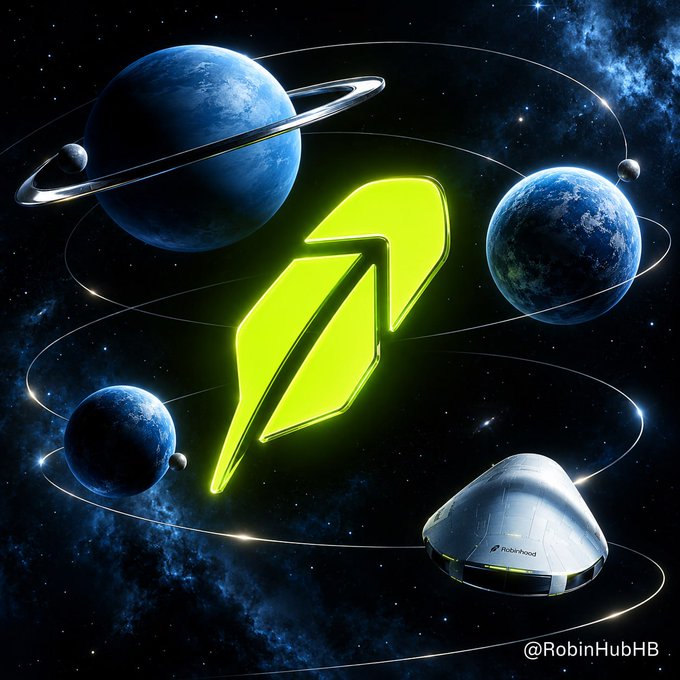 A space-themed digital artwork with blue planets, orbital rings, a UFO, and a large neon green arrow design, signed "@RobinHubB".