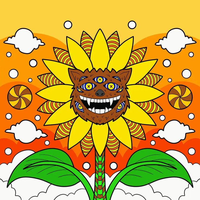 A colorful psychedelic illustration of a sunflower-like flower with a brown monster face featuring multiple yellow eyes and a toothy grin, set against an orange background with clouds and swirls.