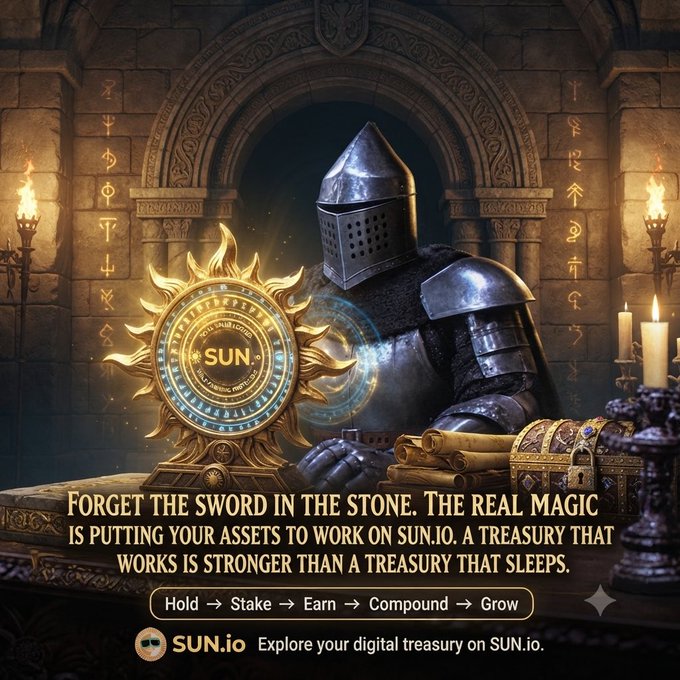 A medieval knight in full armor stands before an arched stone gateway holding a glowing golden SUN.io emblem, with treasure chest and candlelit runes surrounding him. The text reads "FORGET THE SWORD IN THE STONE. THE REAL MAGIC IS PUTTING YOUR ASSETS TO WORK ON SUN.IO. A TREASURY THAT WORKS IS STRONGER THAN A TREASURY THAT SLEEPS," followed by "Hold → Stake → Earn → Compound → Grow" and "SUN.io Explore your digital treasury on SUN.io."

The image reinforces the post's message by using Arthurian imagery—the knight as a guardian of riches—while flipping the "sword in the stone" legend to suggest SUN.io's DeFi staking platform is the true source of power for growing a crypto treasury.