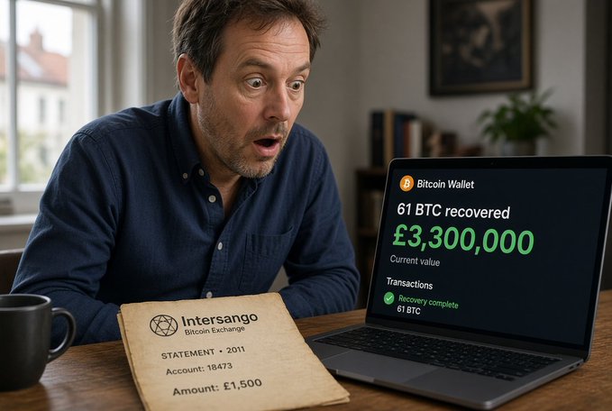A shocked man stares at a laptop showing 61 BTC recovered (£3,300,000), with a vintage 2011 Intersango Bitcoin Exchange statement for £1,500 on the desk beside him.