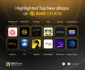 The image features a poster for BNB Chain, which highlights their top 10 new apps. The poster displays various app icons representing different apps available on BNB Chain. The text at the bottom of the poster mentions that these apps are "Highlighted Top New dApps on BNB Chain".