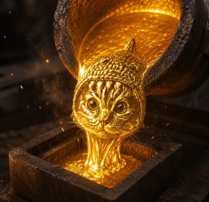 A fantasy digital artwork depicting molten gold being poured from a crucible, forming a detailed cat's face as it flows into a mold below, with sparks and glowing liquid throughout the scene.
