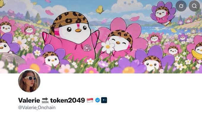 A social media profile for 'Valerie token2049 @Valerie_Onchain' features a colorful banner with cute cartoon characters in pink leopard-print hoods among flowers.