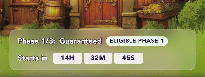 A countdown timer graphic from the Everdraw_RPG mint shows "Phase 1/3: Guaranteed" is marked as "ELIGIBLE PHASE 1" with 14 hours, 32 minutes, and 45 seconds remaining before the mint begins, set against a fantasy-style cottage background.