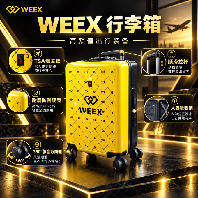 A product advertisement for a yellow WEEX suitcase with gold trim, highlighting features in Chinese including TSA海关锁, 顺滑拉杆, 耐磨防刮硬壳, 大容量收纳, and 360°静音万向轮.