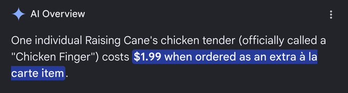 An AI Overview states that Raising Cane's chicken tender (or "Chicken Finger") costs $1.99 à la carte, which the poster references to compare meme stock $TENDIES to real-world chicken tender prices.