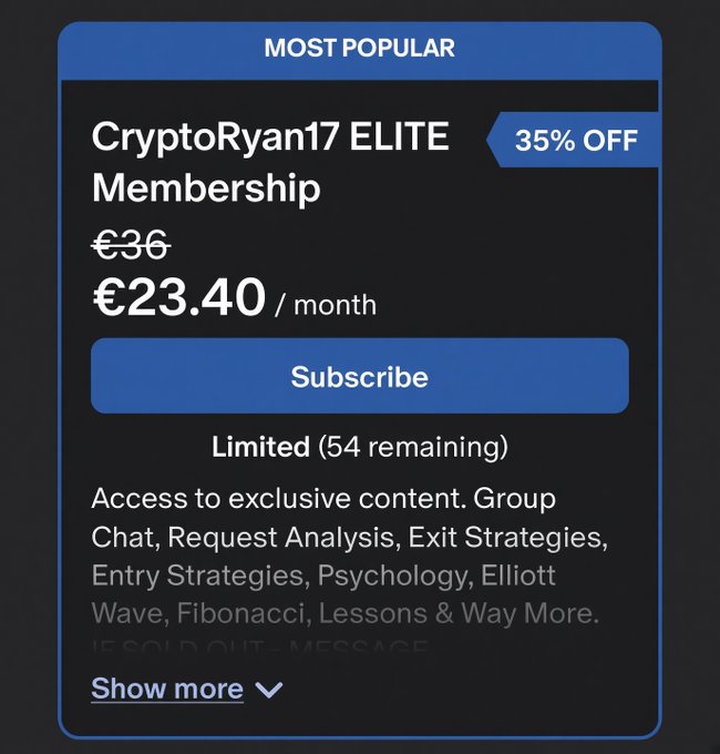 The image shows a Patreon subscription card for "CryptoRyan17 ELITE Membership" priced at €23.40/month (discounted from €36), marked as "Most Popular" with a 35% OFF label and noted as "Limited (54 remaining)." This aligns with the post announcing a 35% discount for those joining within the next 48 hours.