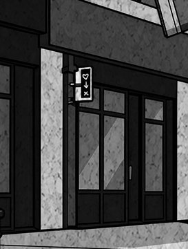 A black and white, manga-style illustration of a modern building exterior featuring dark glass doors and a small vertical sign.