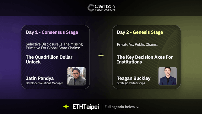 An event schedule graphic for Canton Foundation at ETHTaipei, listing Day 1 Consensus Stage speaker Jatin Pandya and Day 2 Genesis Stage speaker Teagan Buckley.