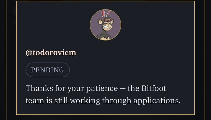A dark interface screen shows the username '@todorovicm' with a 'PENDING' badge, an avatar of a character with bunny ears, and the message 'Thanks for your patience — the Bitfoot team is still working through applications.'