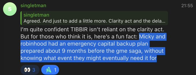 A chat message from user 'singletman' at 21:55, discussing TIBBIR and mentioning a fun fact highlighted in blue: 'Micky and robinhood had an emergency capital backup plan prepared about 9 months before the gme saga, without knowing what event they might eventually need it for'.