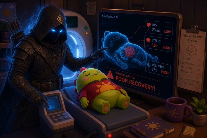 AI-generated image of a hooded glowing-eyed character examining an X-ray showing poor recovery status for a sleeping cartoon dinosaur on a medical device.