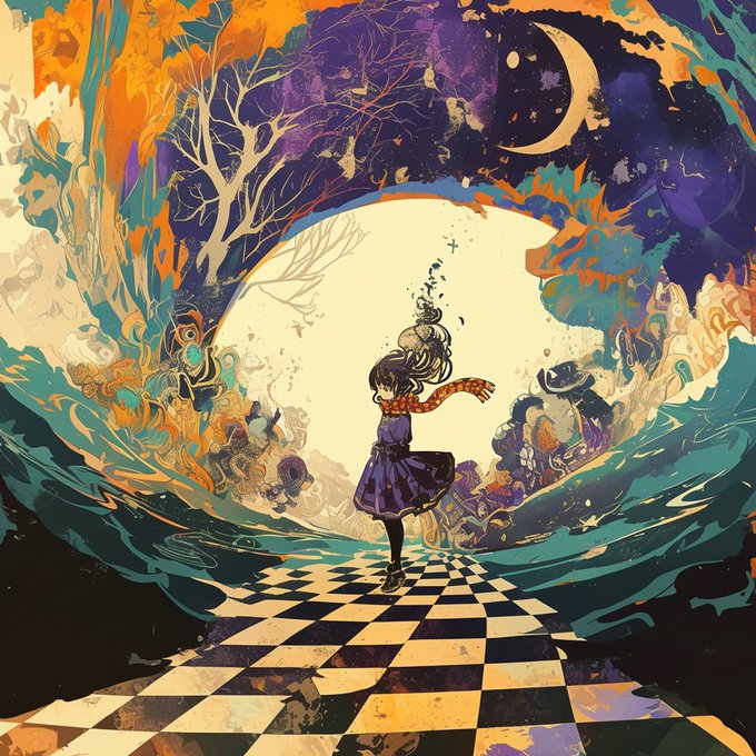 A surreal digital artwork depicting a girl with a scarf standing on a checkered floor, framed by swirling teal waters and an archway leading to a starry night sky with a crescent moon.