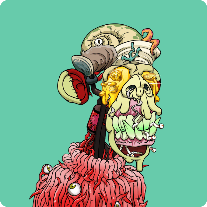 A grotesque cartoon illustration of a monstrous character with a distorted face, boxing glove, and gold teeth on a green background.