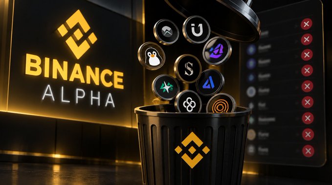 A 3D-rendered image showing the 'BINANCE ALPHA' logo alongside a trash bin filled with various cryptocurrency coin logos including BNB, with red X icons displayed on a screen in the background.