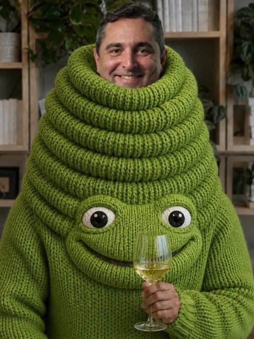 A man wearing a large, chunky green knitted sweater designed to look like a smiling cartoon monster or frog, smiling and holding a glass of white wine.