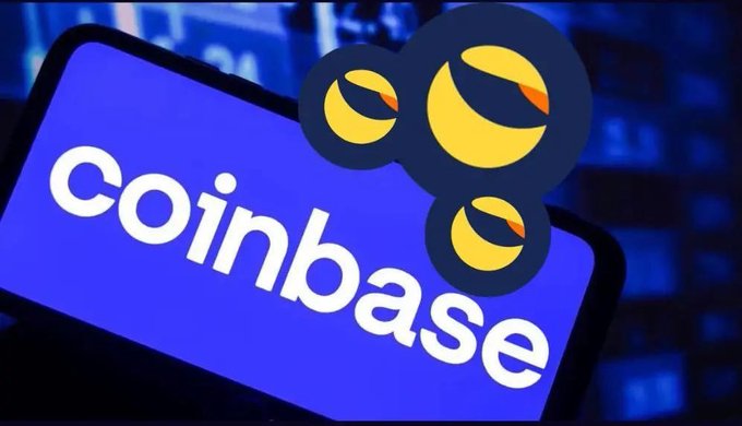 The Coinbase logo is displayed prominently on a blue screen with three yellow coin icons overlaid, representing the cryptocurrency exchange platform.