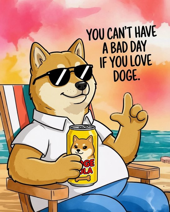 A cartoon Shiba Inu (Doge) wearing sunglasses relaxes in a beach chair holding a "Doge Cola" can, with the text "YOU CAN'T HAVE A BAD DAY IF YOU LOVE DOGE." — fitting Friday vibes for the dogefam with its laid-back, meme-worthy tone.
