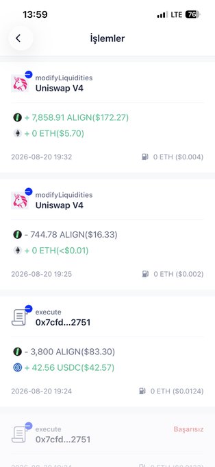 A mobile screenshot titled "İşlemler" (Turkish for "Transactions") showing Uniswap V4 modifyLiquidities operations from August 20, 2026, including a +7,858.91 ALIGN ($172.27) addition and a -744.78 ALIGN ($16.33) removal, along with an execute transaction swapping 3,800 ALIGN ($83.30) for 42.56 USDC ($42.57). The image illustrates the user's DeFi activity adding and removing liquidity positions on Uniswap V4 to farm the ALIGN token before official CEX listings.