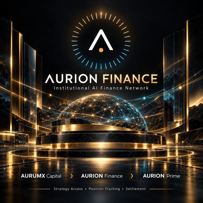 A promotional graphic for 'AURION FINANCE' featuring the tagline 'Institutional AI Finance Network' above a glowing dome, with sections for 'AURUMX Capital', 'AURION Finance', and 'AURION Prime'.