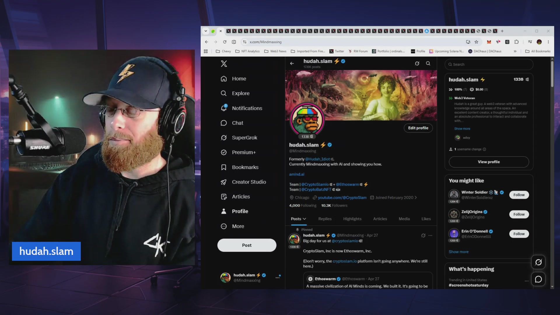 The image shows a computer screen with two tabs open, one of which displays a man wearing a hat and glasses, possibly a game streamer or a streaming personality. The other tab features a website called "buy NFTs and ZEC", suggesting that the person might be involved in the NFT market or has an interest in it.