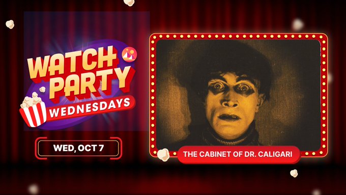 Promotional graphic for a "Watch Party Wednesdays" event on Wednesday, October 7, featuring a sepia-toned, gothic image of Dr. Caligari from "The Cabinet of Dr. Caligari" to advertise the screening of the classic German expressionist horror film on Decentraland.