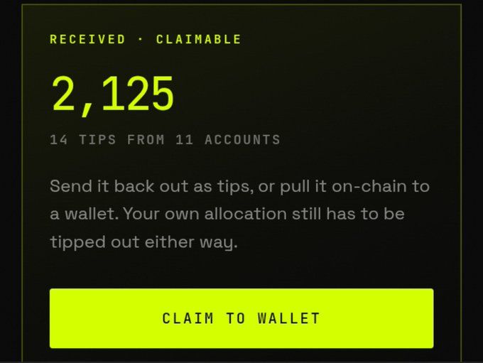 Crypto tipping interface showing 'RECEIVED · CLAIMABLE 2,125' tokens from '14 TIPS FROM 11 ACCOUNTS' with a green 'CLAIM TO WALLET' button.