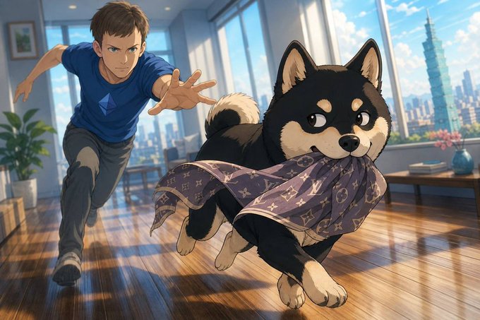 An anime-style scene shows a Shiba Inu dog running through a modern apartment with a Louis Vuitton monogram scarf in its mouth, while a young man in a blue shirt chases after it with an outstretched hand. The image ties to the "MANYU" meme coin post by depicting the mischievous dog as the "most wanted" fugitive, playfully personifying the token's mascot on the run with a stolen luxury item.