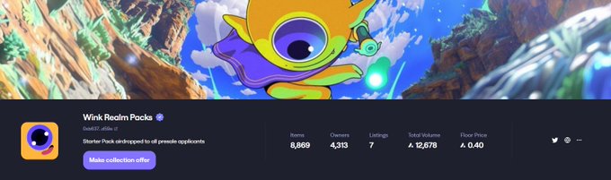 Profile page for 'Wink Realm Pocks' NFT collection with 8,869 items, 4,313 owners, 7 listings, and floor price of 0.40 ETH.
