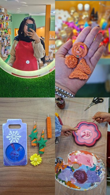 A four-panel collage showing a woman taking a mirror selfie in a red apron, her hand holding small orange clay sculptures of a rose and butterfly, children making star-shaped candles, and a child finger-painting with pink and blue paints.