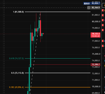 The image is a BTC/USD candlestick chart highlighting a bearish outlook, with key Fibonacci retracement levels marked at 0.382 (69,896.4), 0.5 (72,112.6), and 0.618 (74,327.5), while current price sits at 82,828.7. The accompanying commentary notes that Bitcoin is expected to pull back toward the 74,327 (0.618) and 73,399 gap level, supporting a decision to stay out of the market and avoid shorting the decline.