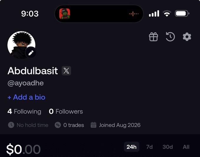 A social media profile screen for user 'Abdulbasit' with the handle '@ayoadhe' shows 4 Following, 0 Followers, 0 trades, and was joined in Aug 2026 with $0.00 displayed.
