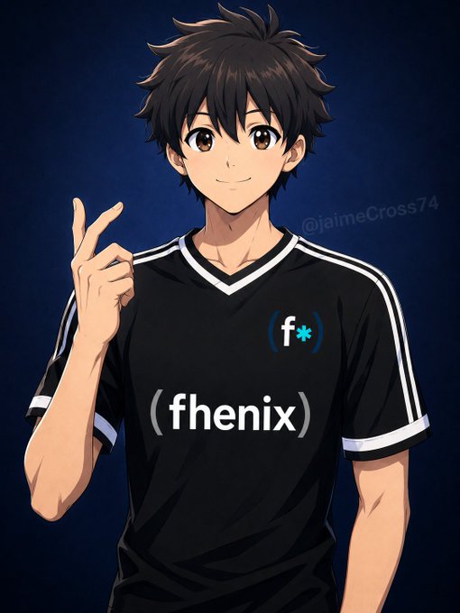 An anime-style illustration of a brown-haired young man wearing a black sports jersey featuring the "fhenix" logo and emblem, smiling while holding up two fingers in a peace sign against a dark blue background. The image complements the post's anticipation for the unveiling of the Fhenix swag shop, with the character modeling branded merchandise.