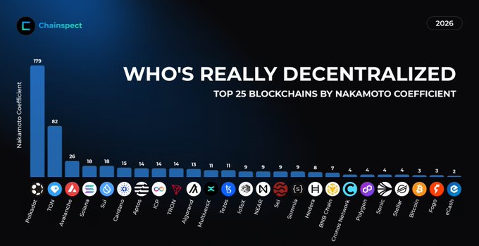 A Chaininspect infographic titled 'WHO'S REALLY DECENTRALIZED' ranking the top 25 blockchains by Nakamoto Coefficient, with Polkadot leading at 179, followed by TON (82) and Avalanche (26).