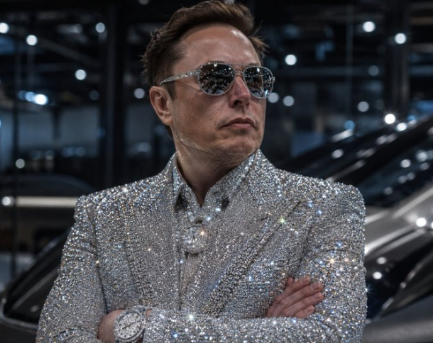 The image features a man wearing a silver suit, sunglasses, and a watch that has the numbers "81" on it. The man appears to be dressed for an event or occasion where he wants to make a statement with his attire. The background of the image shows several cars parked in a garage, which could suggest that this is taking place at a car show or a similar gathering related to automobiles and luxury items.