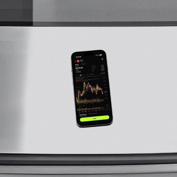 A smartphone displays a stock chart for TSLA priced at $379.05 with a bright green "Trade" button, illustrating the convenience of 24/7 mobile trading access to tokenized US stocks as promoted in the accompanying post.