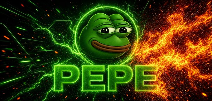 A vibrant graphic featuring the Pepe the Frog meme character with a green glowing aura, surrounded by green and orange flames, with the word 'PEPE' in large neon letters.