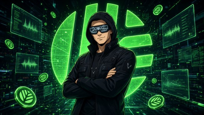 Digital illustration of an anime-style character wearing a black hooded jacket and futuristic sunglasses, standing with crossed arms in front of glowing green circular and digital interfaces.