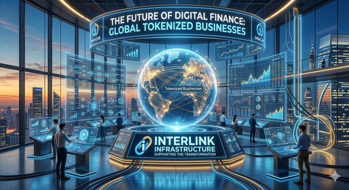 The image features a group of people standing around a large globe, with the words "The future of digital finance" written above them. Below the globe, there are several descriptions about tokenized businesses and the role of InterLink in supporting this transformation.
