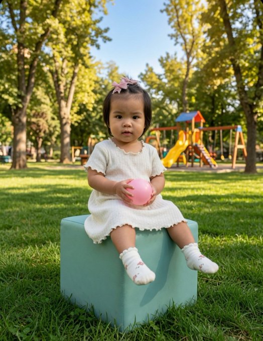 A young girl in a white dress sits on a mint green cube in a sunny park, holding a pink ball with a playground visible behind her. The image symbolizes the future family and loved ones—children, grandchildren, and parents—that the poster holds onto as motivation for not giving up on their BTC and XRP investments, even in the face of financial uncertainty.