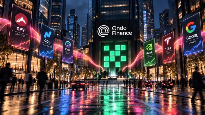 A stylized digital illustration of Ondo Finance headquarters at night in a cityscape, flanked by billboards displaying tickers SPY (S&P 500), QQQ (Nasdaq 100), CRCL (Circle), NVDA (Nvidia), TSLA (Tesla), and GOOGL (Google).