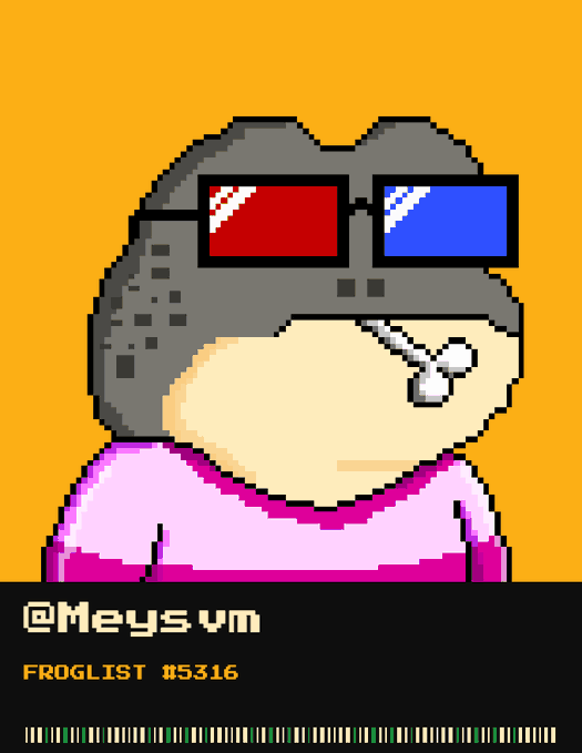 A pixel art image of a gray frog wearing red and blue 3D glasses and a pink shirt, with text reading '@Meysvn' and 'FROGLIST #5316'.