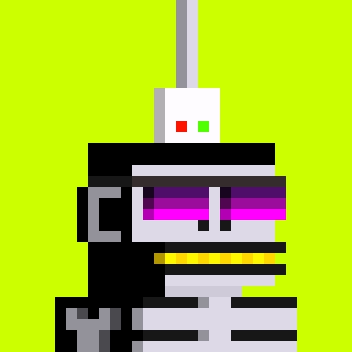 Pixel art style image of a sci-fi robotic character with a yellow visor and black body against a bright yellow-green background.