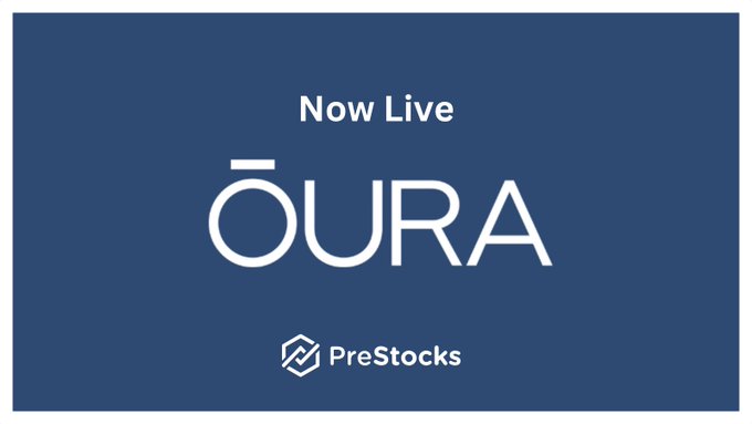 A navy blue graphic announces "$OURA is Now Live" with the ŌURA logo prominently displayed alongside the PreStocks logo at the bottom, visually confirming the post's announcement that the tokenized equity for the smart ring company has launched on PreStocks.