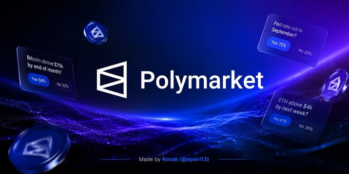 A dark blue promotional banner for Polymarket featuring the platform's logo and several floating prediction market cards showing odds for questions like 'Bitcoin above $10k by end of month? Yes 68%' and 'Fed rate cut in September? Yes 72%'.